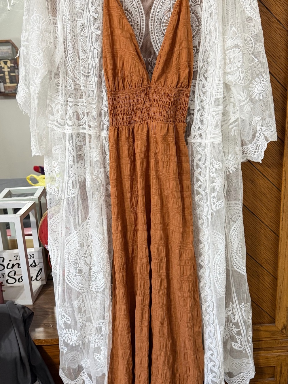 Rust Brown Maxi Dress with White Lace Kimono